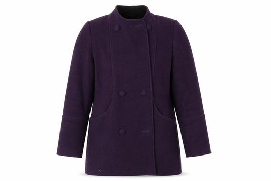 Front view of EWM women’s blue overcoat jacket, size UK 12