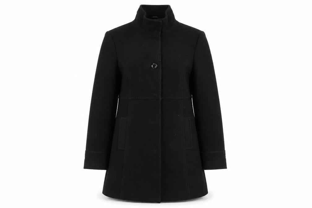 Front view of EWM women’s black overcoat coat, size UK 12