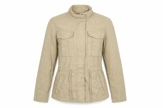Front view of Marks & Spencer women’s beige jacket, size UK 8