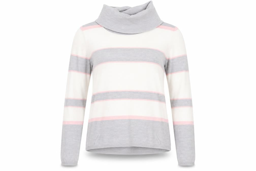 Front view of Marks & Spencer women’s grey striped jumper, size UK 12