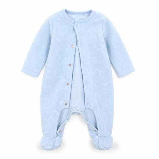 Front view of F&F boys’ blue geometric babydoll one piece, size 0-3, months