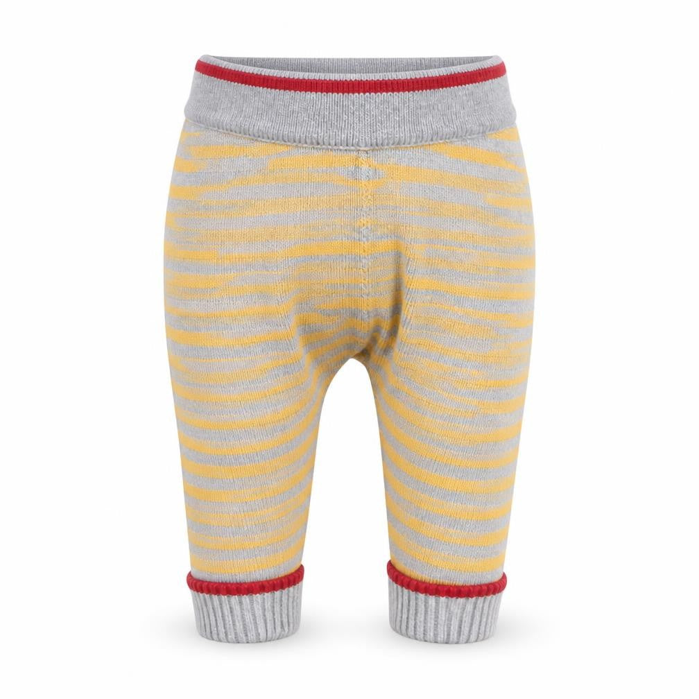 Front view of Monsoon boys’ yellow striped knit capri trousers, size 0-3, months