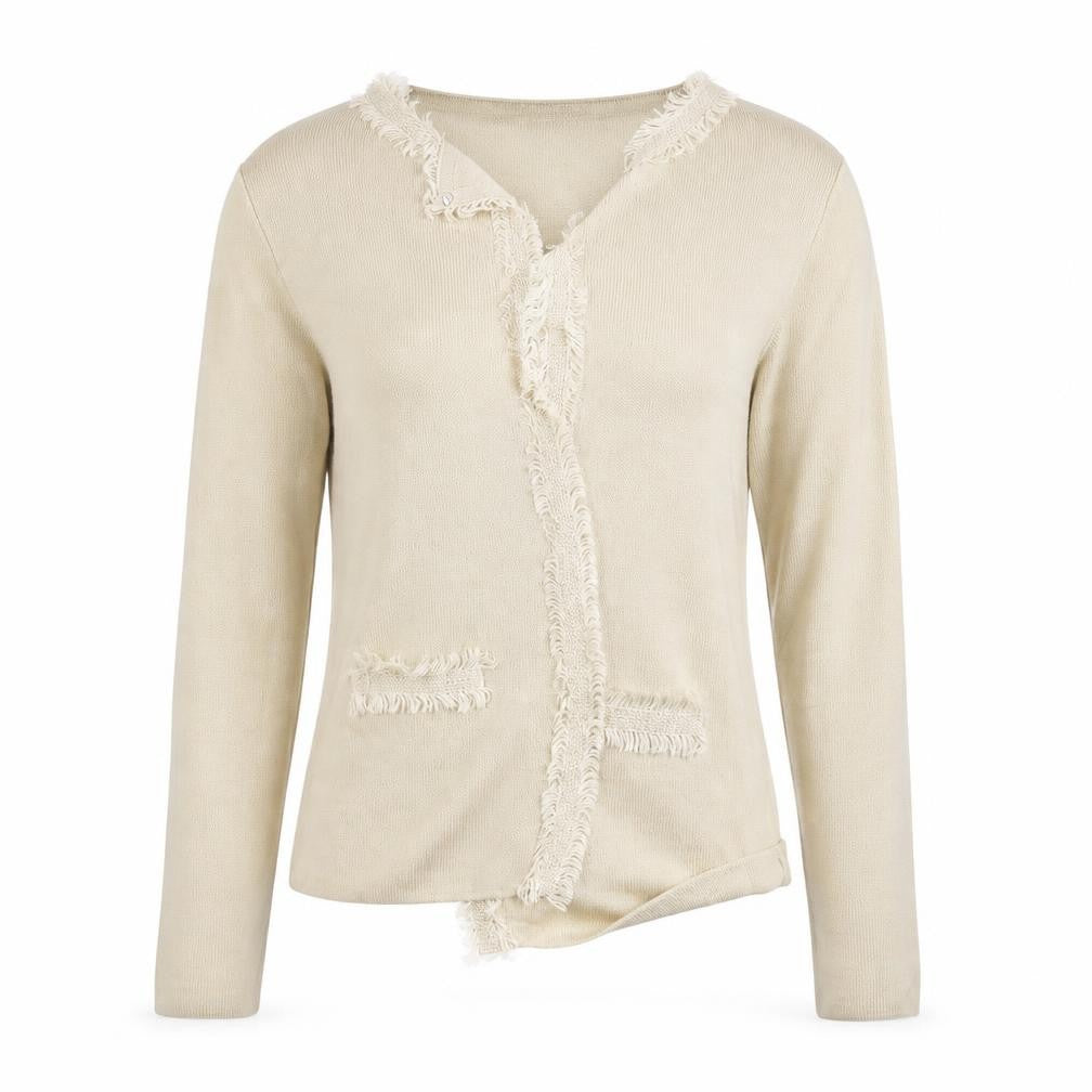Front view of Morghy women’s beige knit cardigan jumper, size S