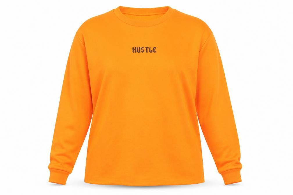 Front view of In the Style women’s orange pullover sweatshirt, size UK 12, - hustle