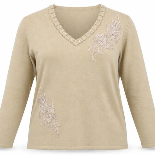 Fay Louise Womens Beige  Knit Pullover Jumper Size M  - Floral Embroidery