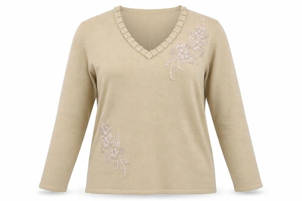 Fay Louise Womens Beige  Knit Pullover Jumper Size M  - Floral Embroidery