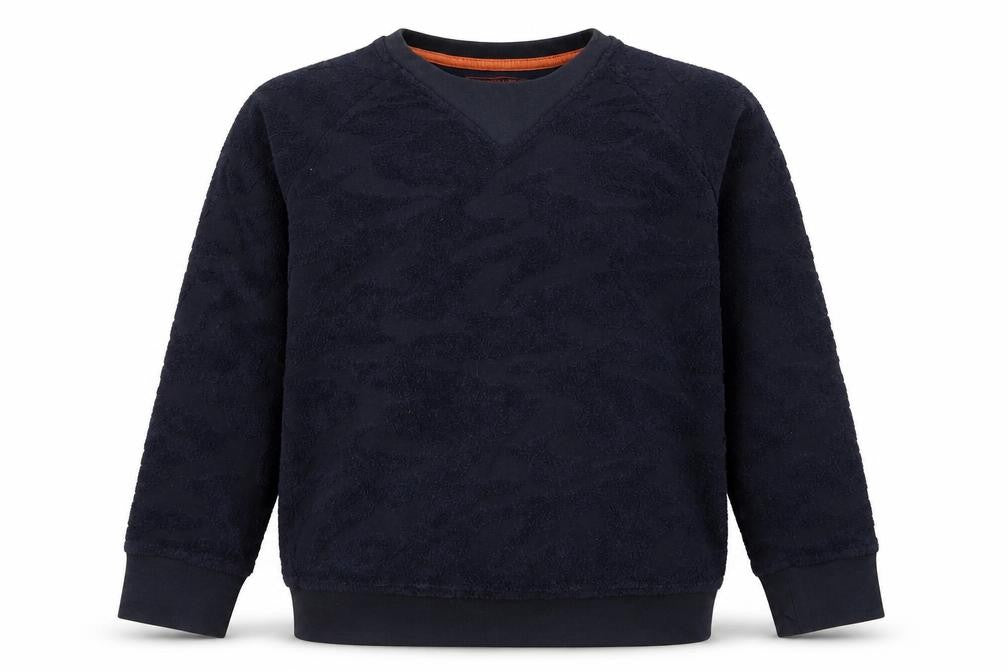 Front view of Matalan boys’ blue camouflage pullover sweatshirt, size 11, years