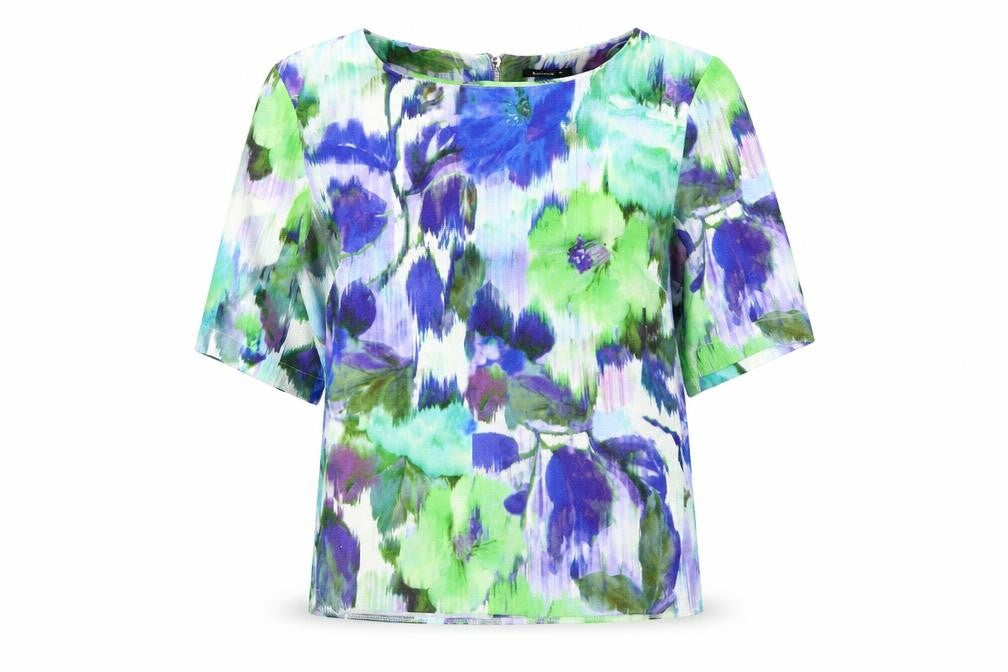 Roman Womens Blue Floral  Basic T-Shirt Size 10  - Green