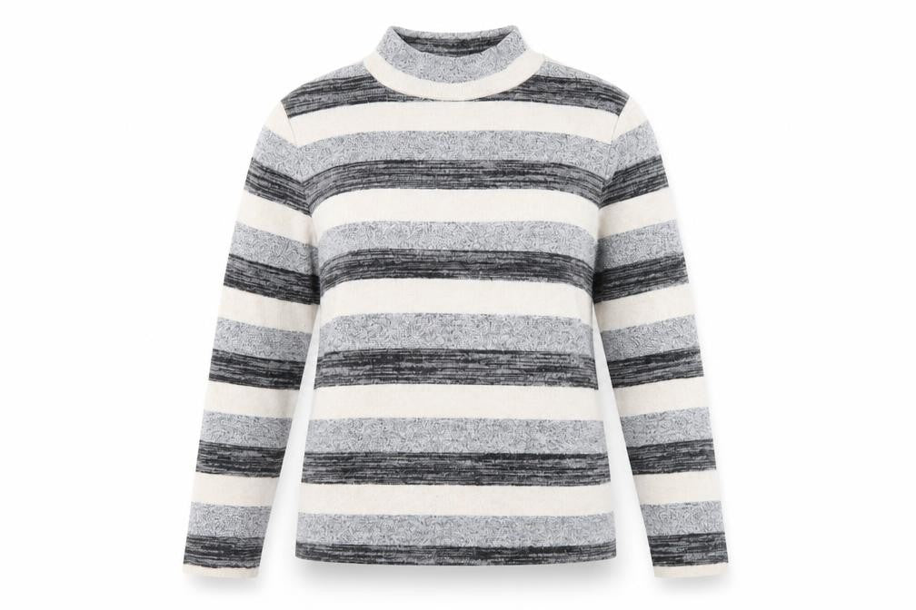 Front view of Nocozo women’s black striped jumper, size UK 10