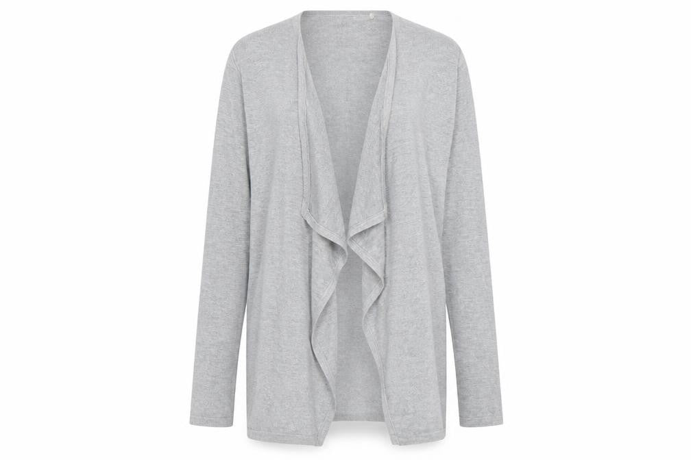 Front view of miso essentials women’s grey cardigan jumper, size UK 8