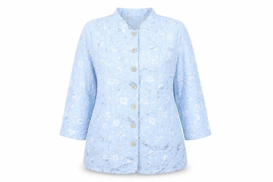 Front view of Essence women’s blue floral jacket blazer, size UK 16