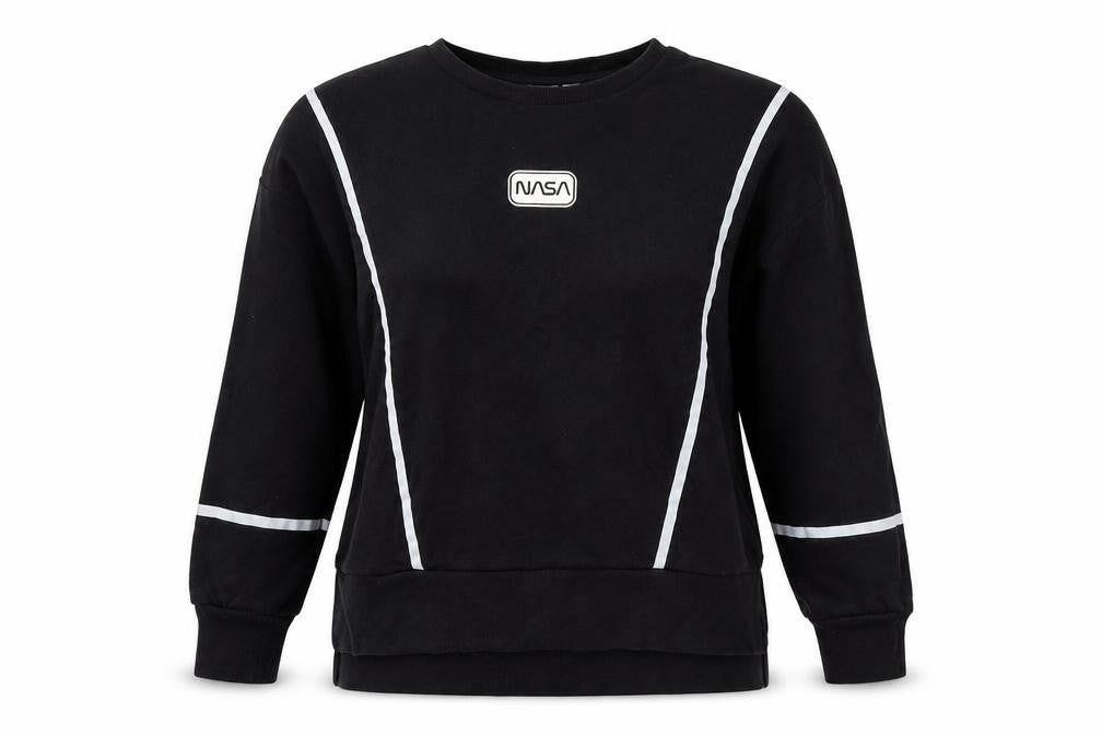 Front view of Primark women’s black jersey pullover sweatshirt, size UK 12, - nasa
