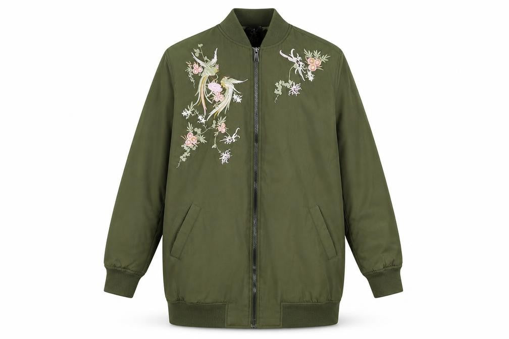 Front view of Atmosphere women’s green floral jacket, size UK 8