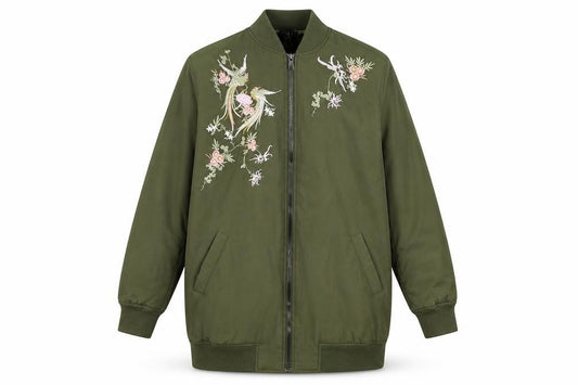 Front view of Atmosphere women’s green floral jacket, size UK 8