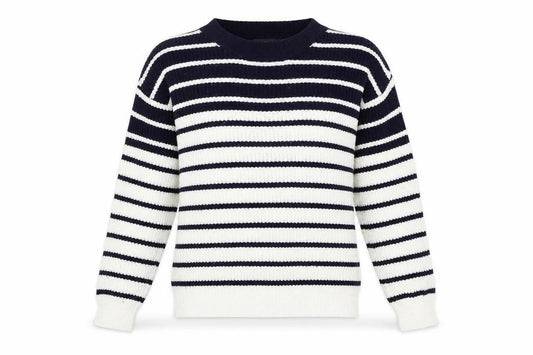 Front view of Studio women’s white striped knit jumper, size UK 8