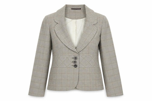 Front view of Next women’s brown check jacket suit jacket, size UK 12