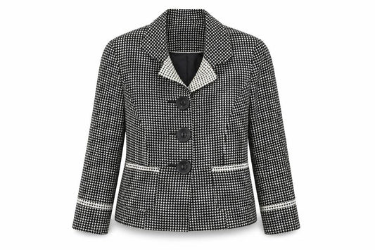 Front view of Next women’s black geometric jacket, size UK 12