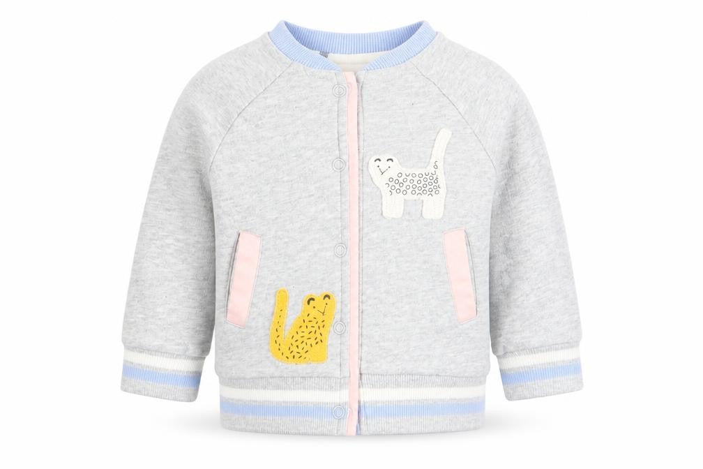 Front view of Mini Club girls’ grey animal print jumper, size 3-6, months - button up