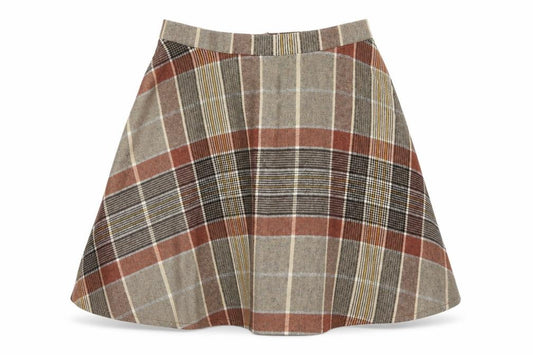 Front view of Preworn women’s multicoloured check flare skirt, size UK 30, in
