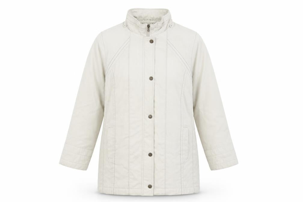 Front view of Anna Rose women’s beige quilted coat, size S