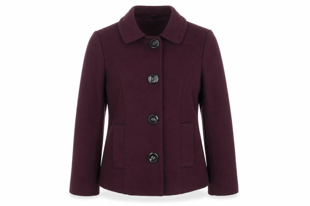 Front view of M&Co women’s purple striped jacket, size UK 12