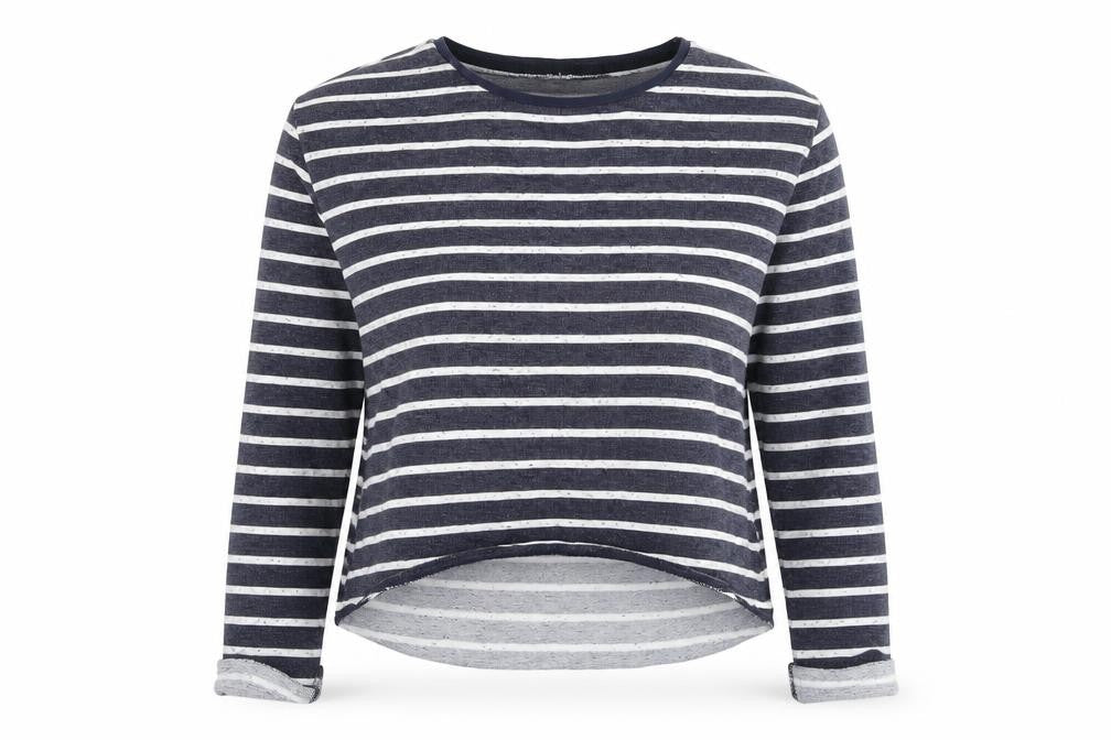 Front view of Topshop women’s blue striped basic t-shirt, size UK 8