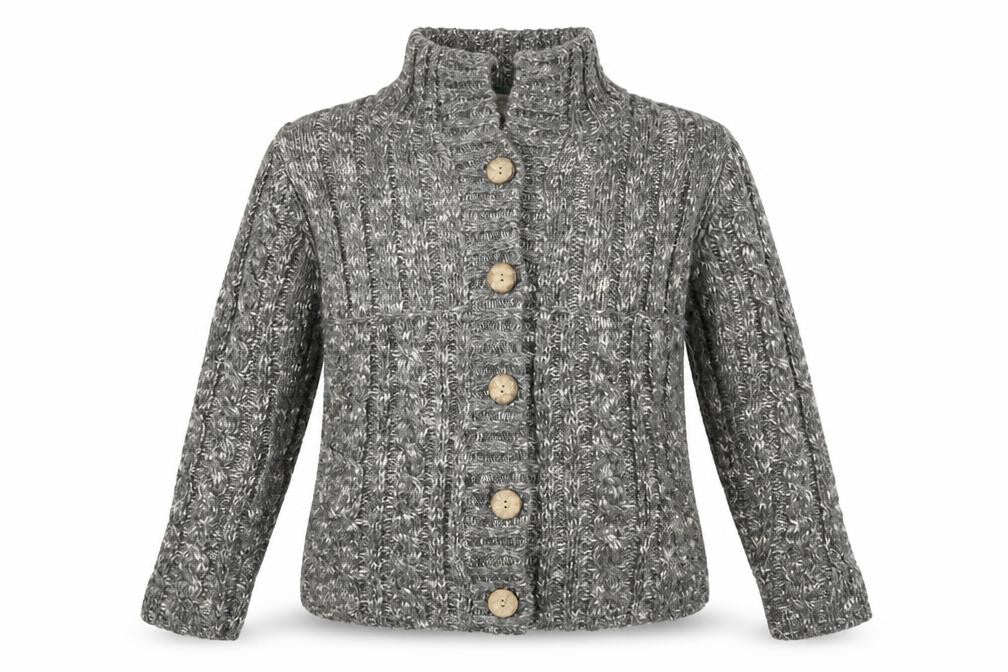 Front view of sanye women’s grey cardigan jumper, size M