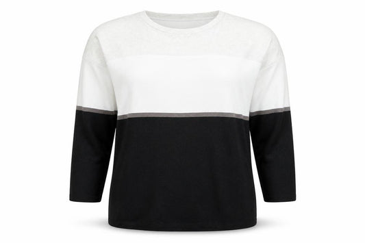 Front view of Bonmarché women’s multicoloured striped jumper, size UK 14