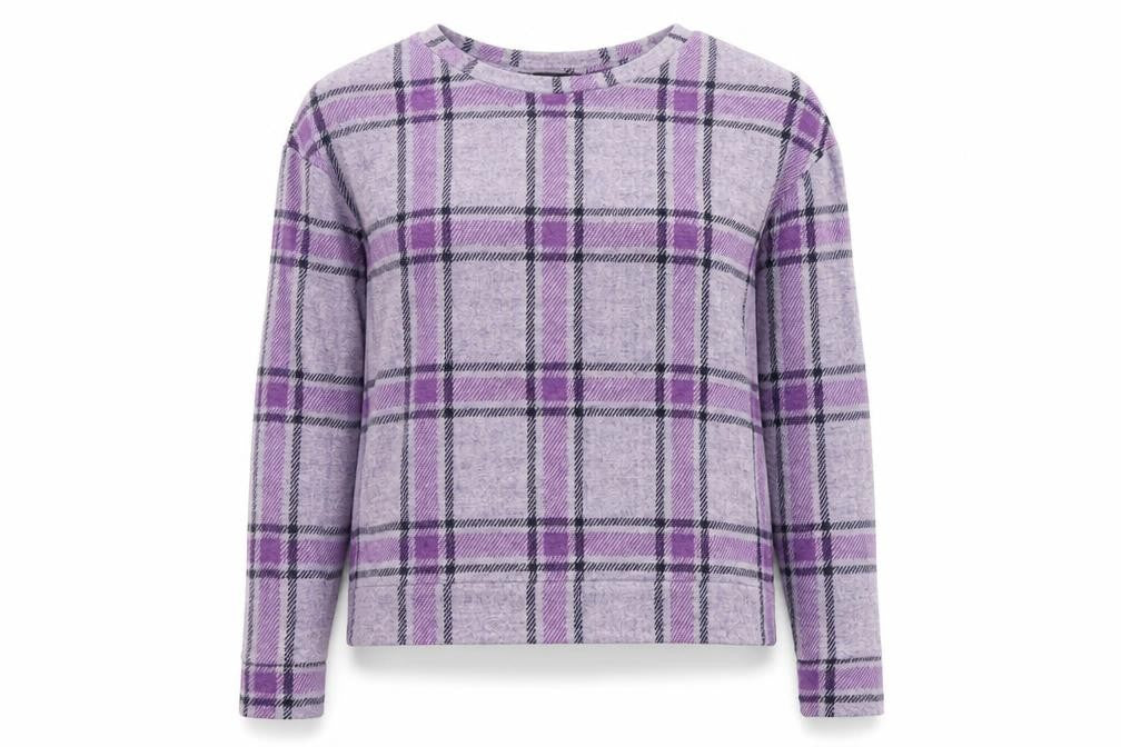 Front view of Marks & Spencer women’s purple check jumper, size UK 10