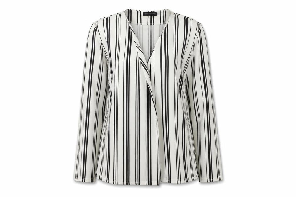 Front view of PRETTYLITTLETHING women’s white striped cardigan jumper, size UK 10