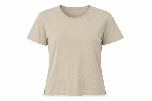 Front view of Poppy women’s beige basic t-shirt, size UK 12