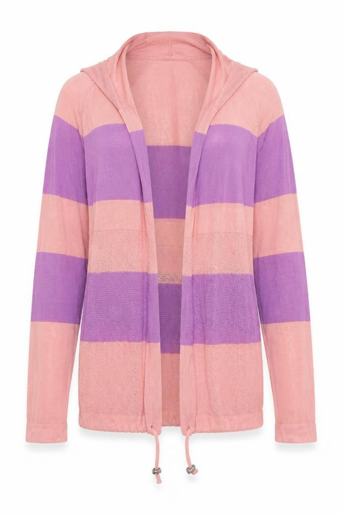 Front view of Next women’s pink striped cardigan jumper, size UK 10
