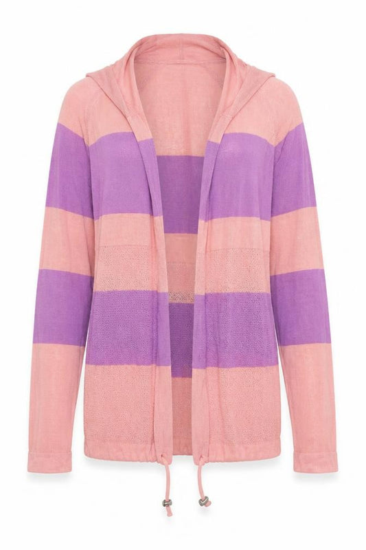 Front view of Next women’s pink striped cardigan jumper, size UK 10