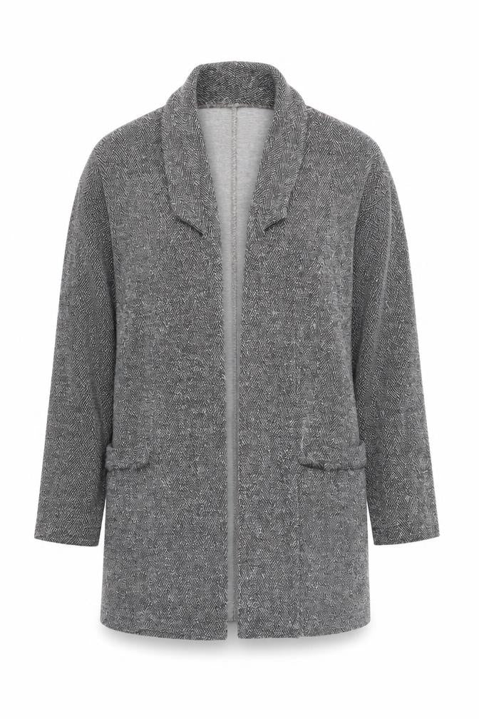 Front view of River Island women’s grey herringbone jacket, size UK 10, - subtle shimmer effect - longline
