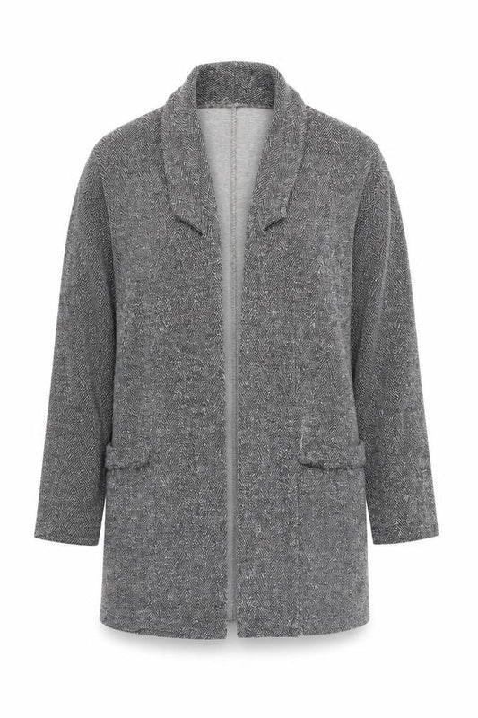 Front view of River Island women’s grey herringbone jacket, size UK 10, - subtle shimmer effect - longline