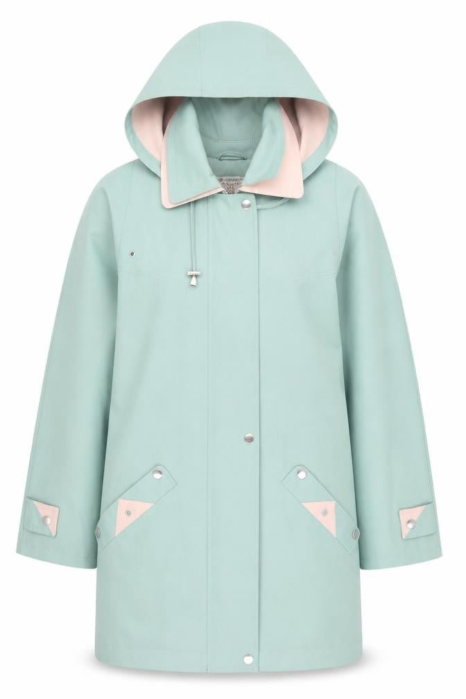 Front view of EWM women’s green parka coat, size UK 12