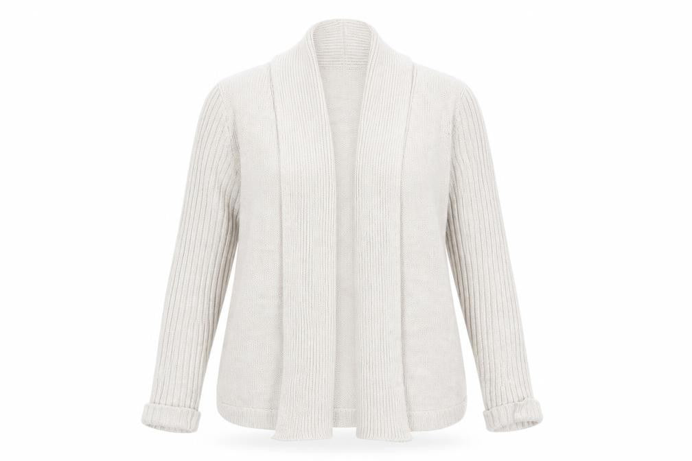 Front view of Petite women’s beige cardigan jumper, size UK 14