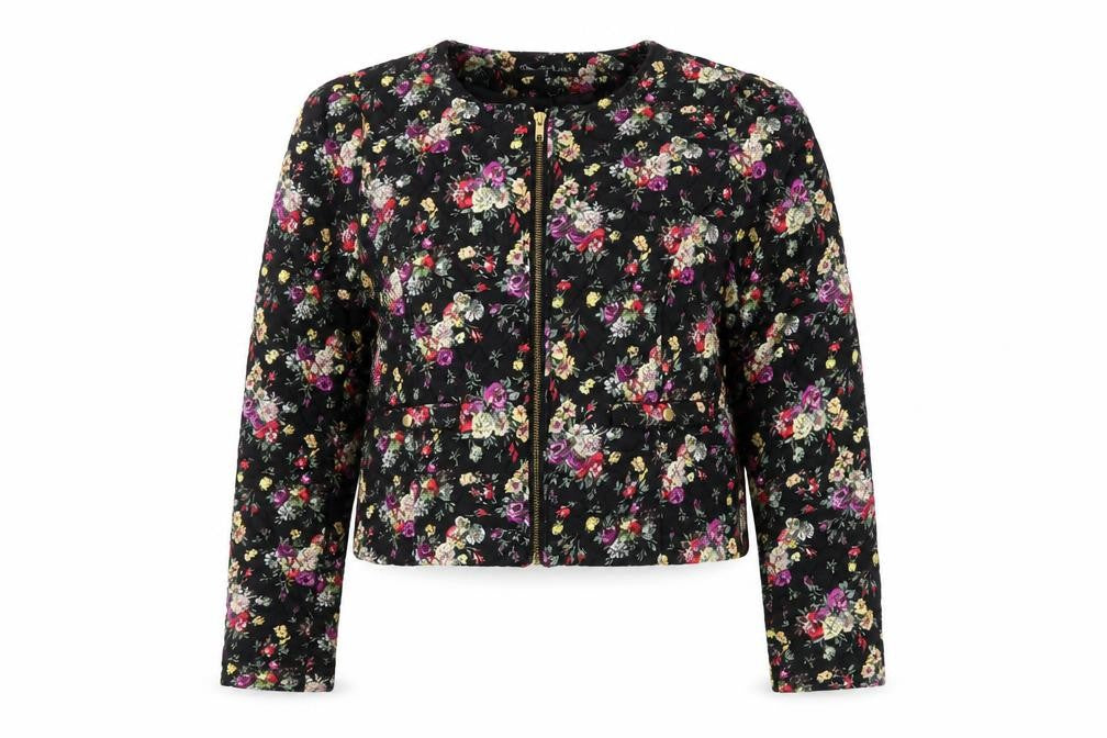 Front view of Miss Selfridge women’s black floral parka coat, size UK 14