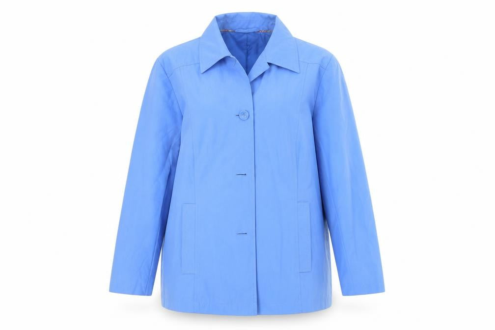 Front view of Marks & Spencer women’s blue overcoat jacket, size UK 18