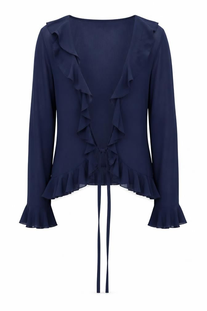 Front view of Dancing Leopard women’s blue cardigan jumper, size UK 12