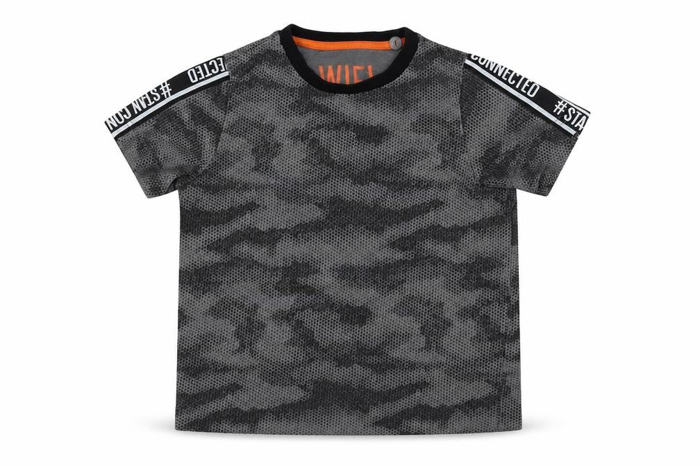 Front view of Matalan boys’ grey camouflage basic t-shirt, size 4, years