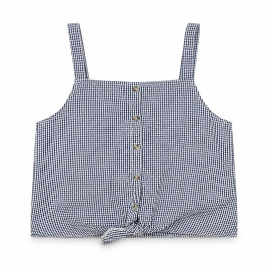 Front view of Primark girls’ blue plaid basic tank, size 12-13, years - tie detail check print