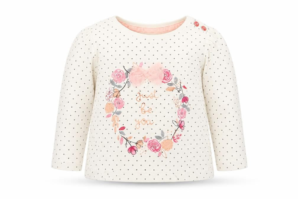 Front view of Mothercare girls’ black polka dot basic t-shirt, size 3-6, months