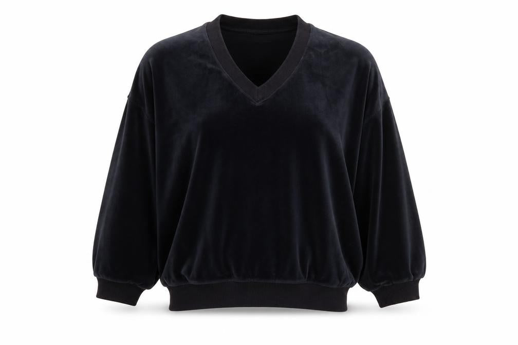 Front view of H&M women’s blue velour pullover sweatshirt, size M
