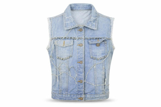 Front view of lxq women’s blue denim jacket, size S, - fair lights