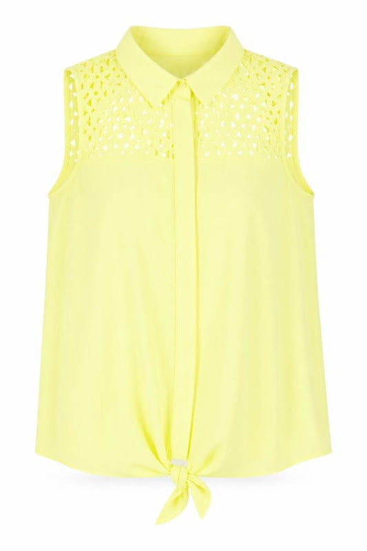 Front view of Dorothy Perkins women’s yellow basic button-up, size UK 10