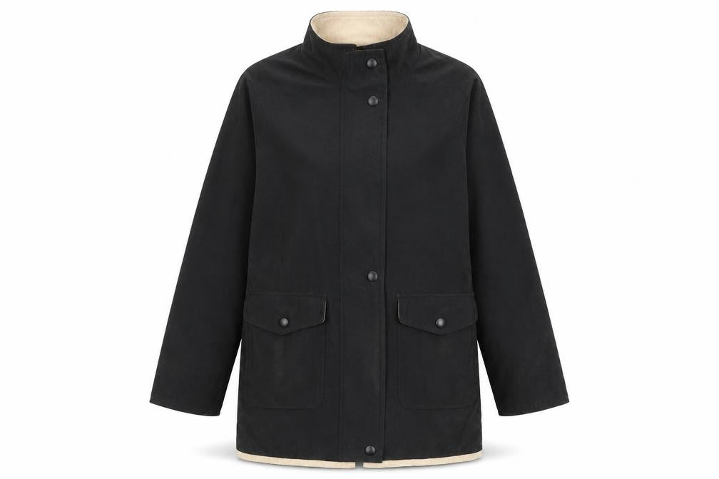 Front view of Berkertex women’s black rain coat coat, size UK 10