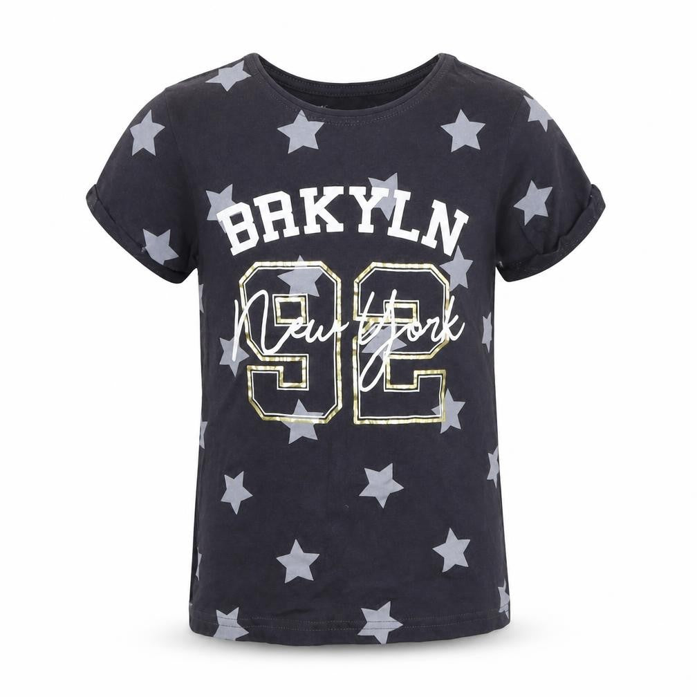 Front view of Primark girls’ black basic t-shirt, size 9-10, years - stars nyc