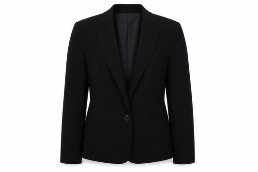 Front view of AMARANTO women’s black striped jacket blazer, size UK 12