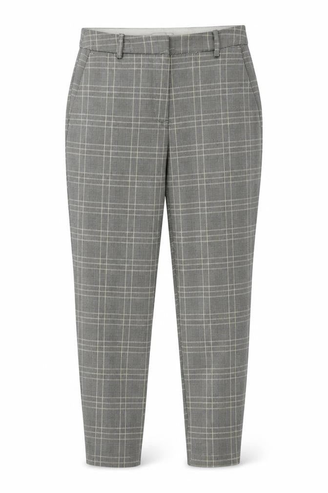 Front view of H&M women’s beige check trousers, size UK 6, 25-inch leg